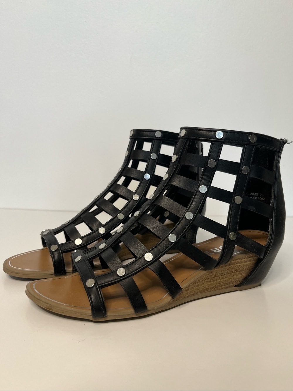 Women's Black Studded Leather Gladiator Wedge Sandals